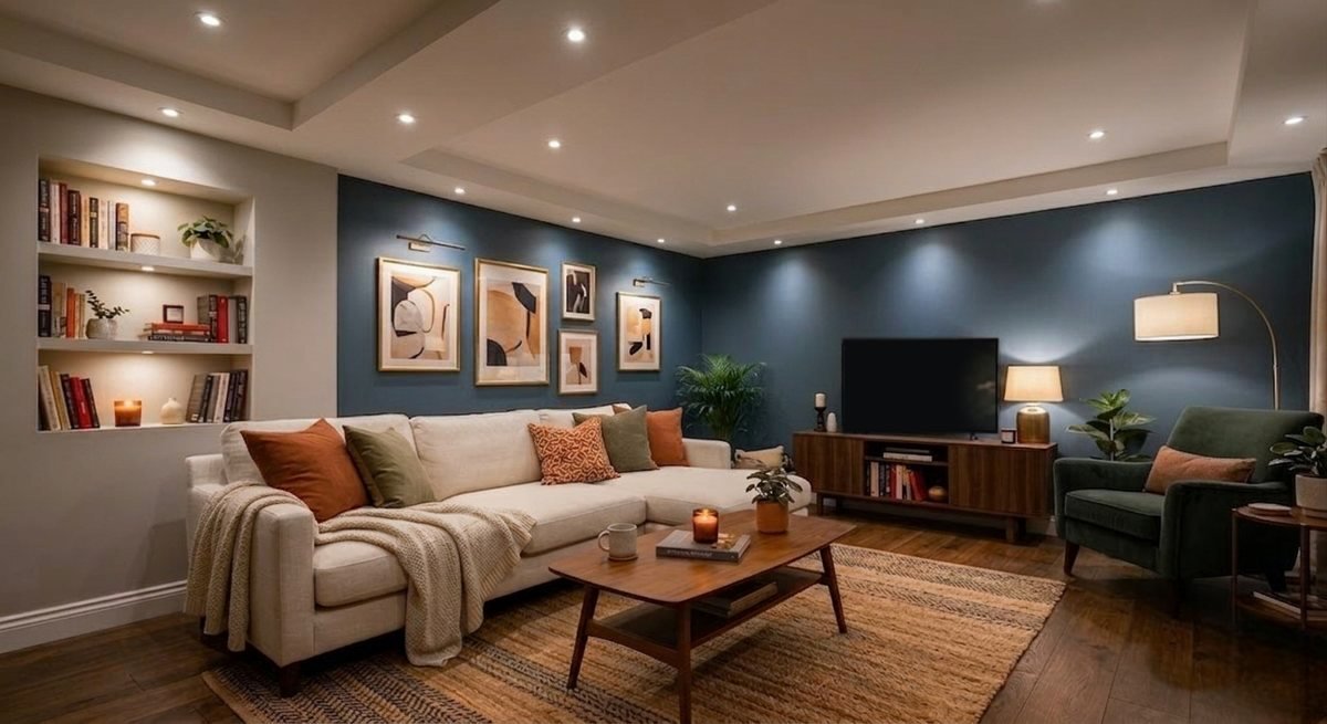 Living room with spot lights, cove lights, shelf lights, picture lights, a table lamp, a floor lamp and a TV